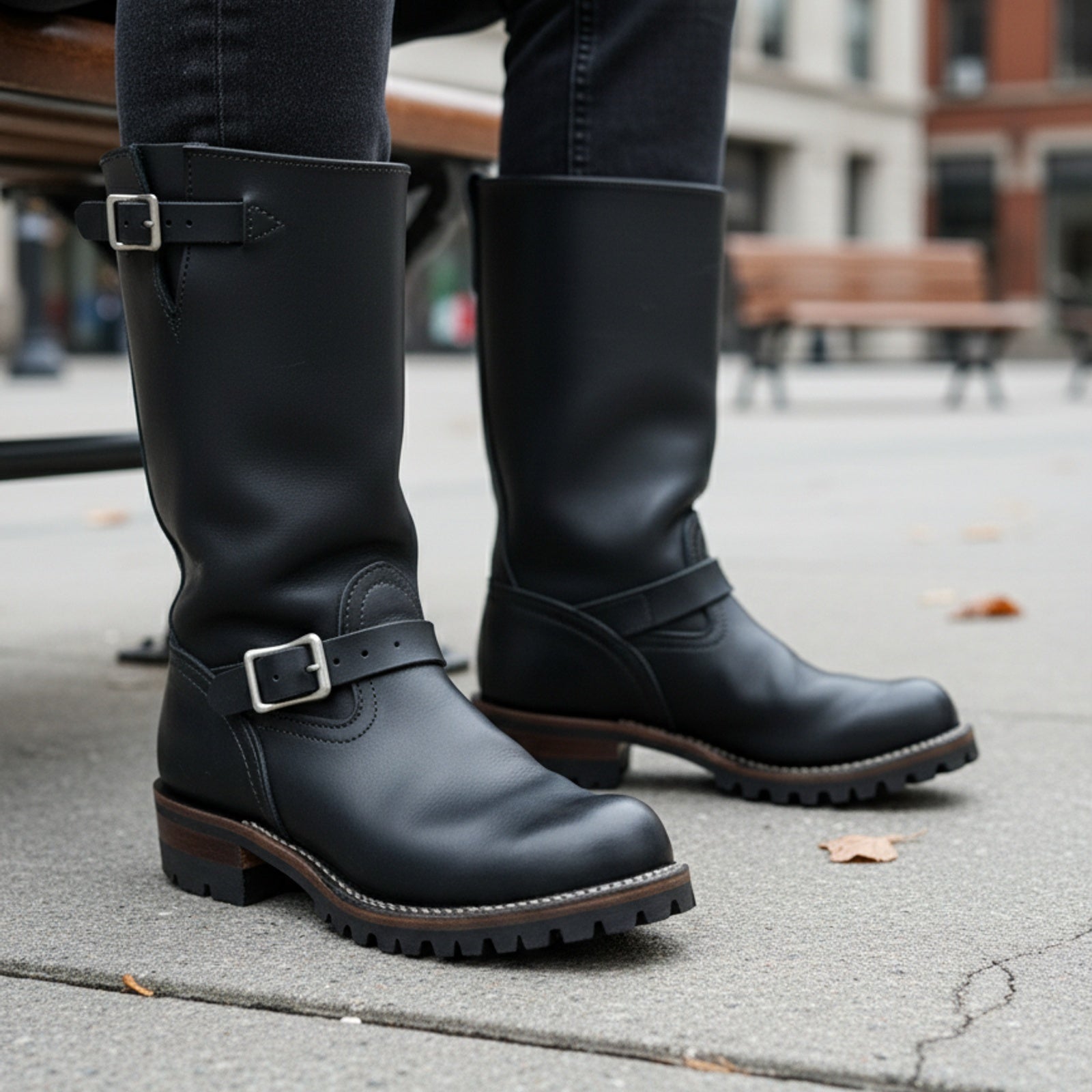 Men's Black Biker Leather Boots - model-sitting-bench