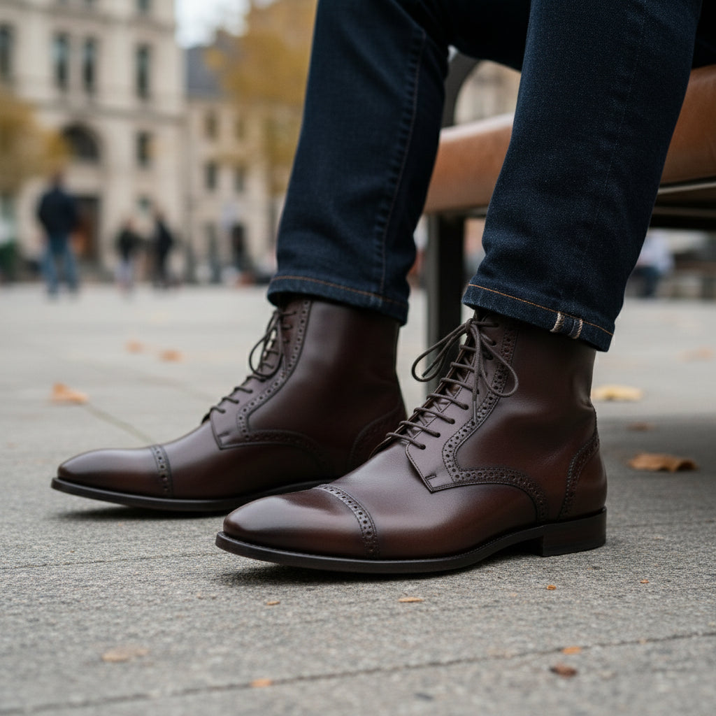 Men's Black Cap Toe Ankle Leather Lace-up Boots - model-sitting-bench