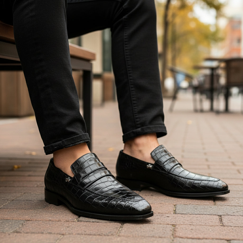 Men's Black Crocodile Embossed Leather Moccasins - model-sitting-bench