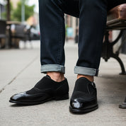 Men's Black Double-Buckle Monk Strap Leather and Suede Shoes - model-sitting-bench