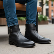 Men's Black Handmade Jodhpurs Ankle Boots - model-sitting-bench