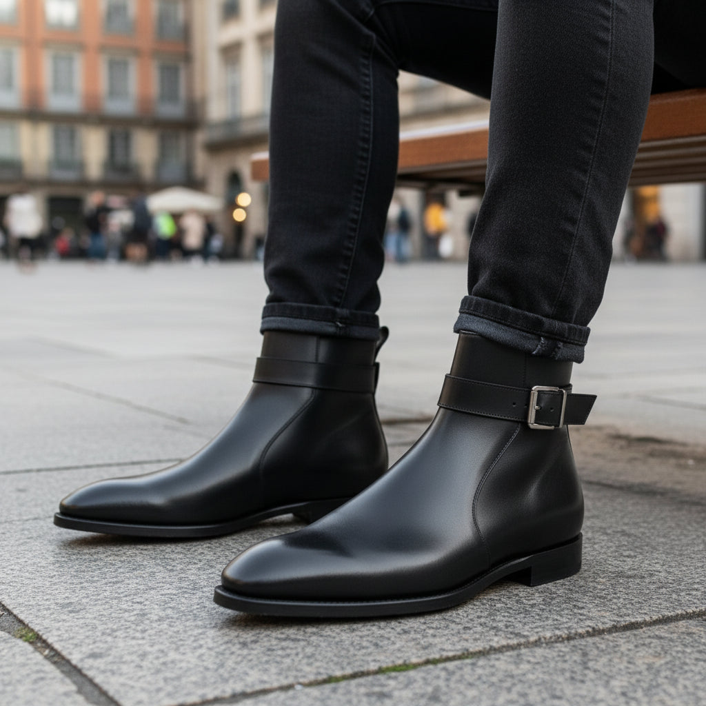 Men's Black High Ankle Leather Boots - model-sitting-bench
