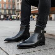 Men's Black High Ankle Leather Boots - model-sitting-bench