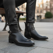 Men's Black Jodhpur Leather Boots - model-sitting-bench