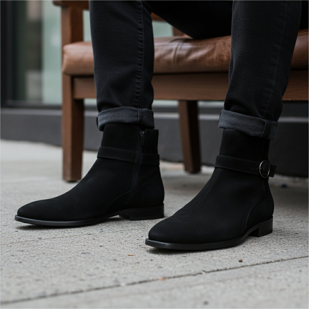 Men's Black Jodhpurs Ankle High Suede Boots - model-sitting-bench
