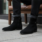 Men's Black Jodhpurs Ankle High Suede Boots - model-sitting-bench