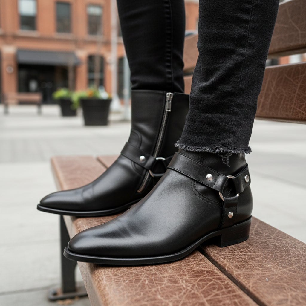 Men's Black Leather Ankle Boots with Side Zipper - model-sitting-bench