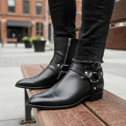 Men's Black Leather Ankle Boots with Side Zipper - model-sitting-bench