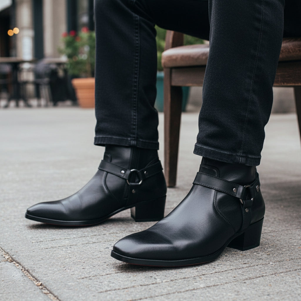 Men's Black Leather Ankle Designer Boots - model-sitting-bench
