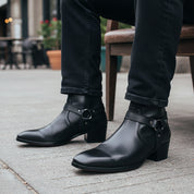 Men's Black Leather Ankle Designer Boots - model-sitting-bench