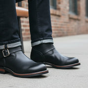 Men's Black Leather Biker Rider Boots - model-sitting-bench