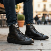 model-sitting-bench - Men's Black Leather Biker Sneakers
