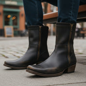 model-sitting-bench - Men's Black Leather Biking Boots