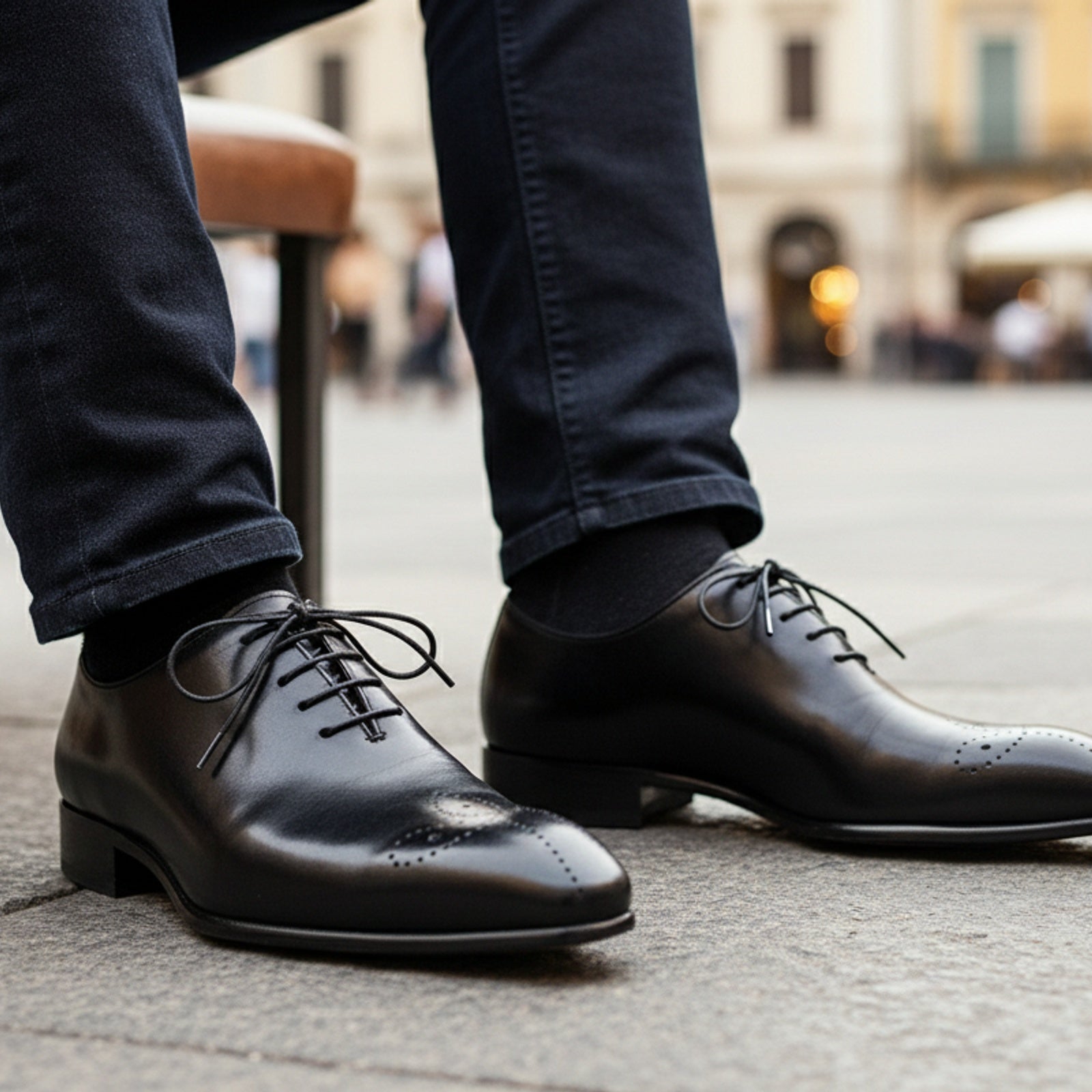 model-sitting-bench - Men's Black Leather Brogue Dress Shoes