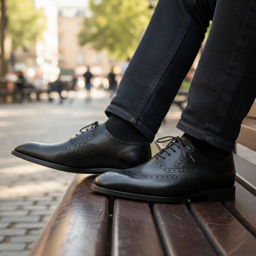 model-sitting-bench - Men's Black Leather Brogue Wingtip Dress Shoes
