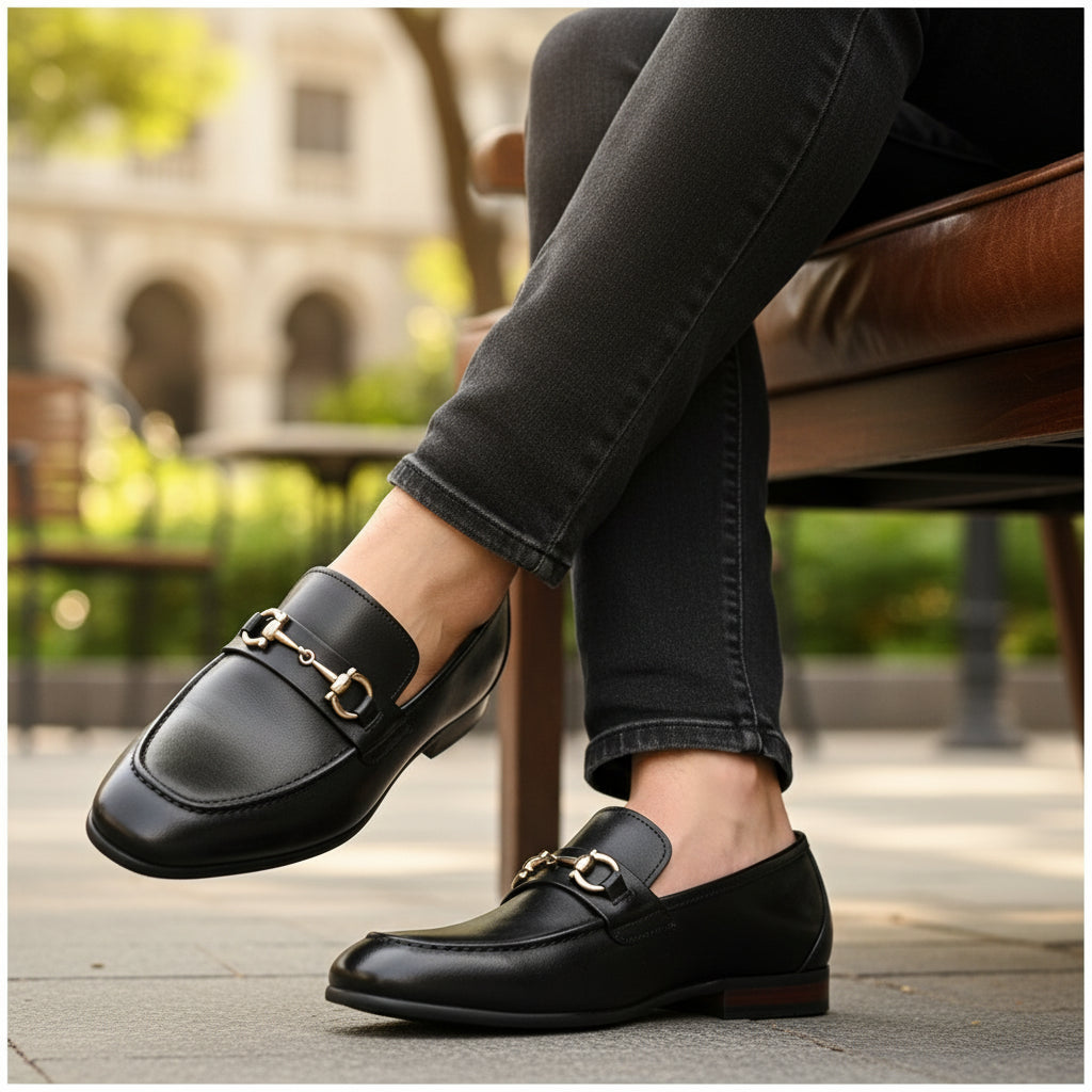model-sitting-bench - Men's Black Leather Buckle Loafers