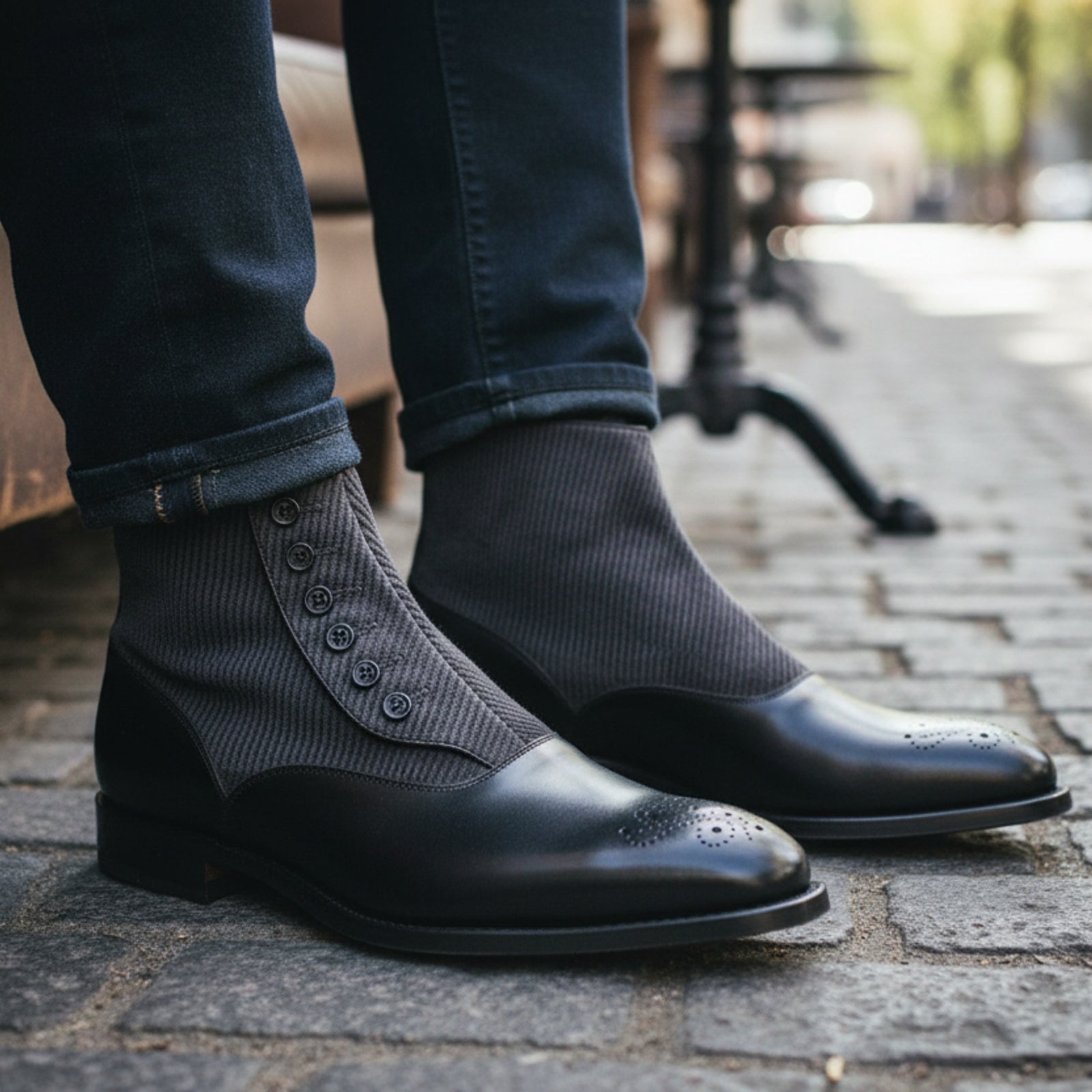 model-sitting-bench - Men's Black Leather Button Boots with Two-Toned Design