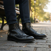 model-sitting-bench - Men's Black Leather Cap Toe Boots