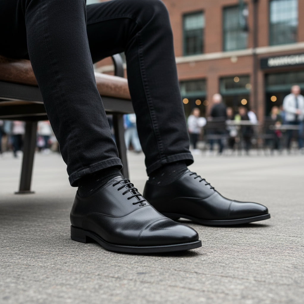 model-sitting-bench - Men's Black Leather Cap-Toe Dress Shoes