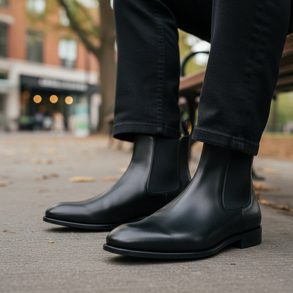 model-sitting-bench - Men's Black Leather Chelsea Ankle Boots