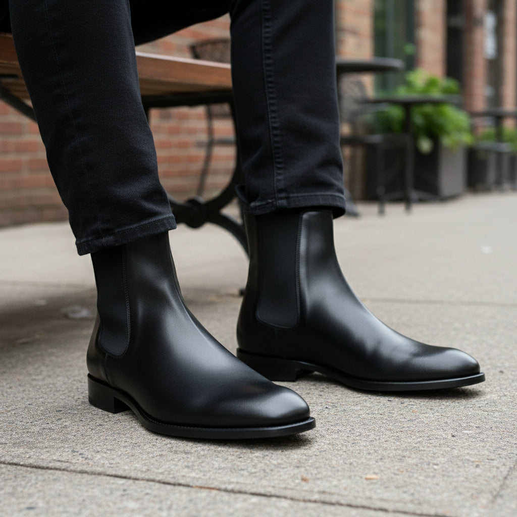 model-sitting-bench - Men's Black Leather Chelsea Boots Ankle Style