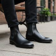 model-sitting-bench - Men's Black Leather Chelsea Boots Ankle Style