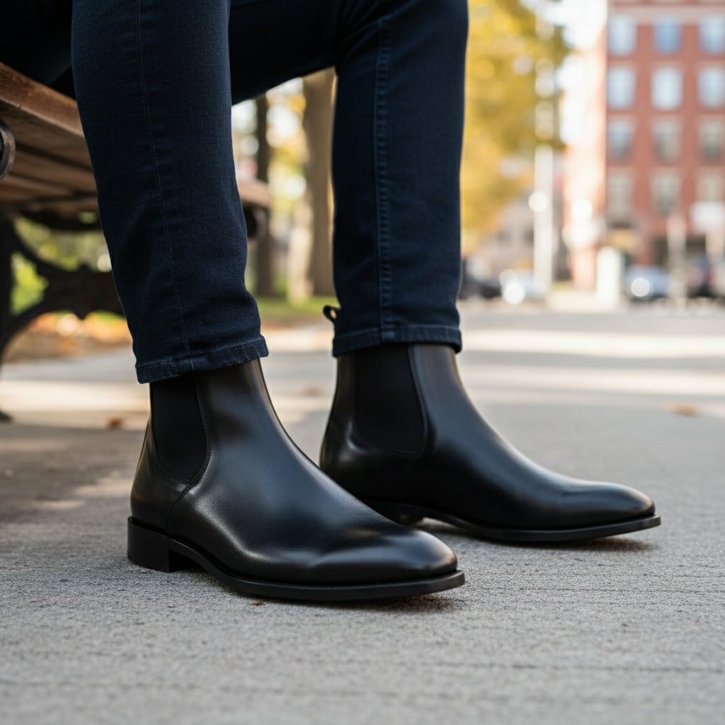 Men's Black Leather Chelsea Boots, Formal Ankle Boots - model-sitting-bench
