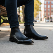 Men's Black Leather Chelsea Boots, Formal Ankle Boots - model-sitting-bench