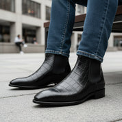 model-sitting-bench - Men's Black Leather Chelsea Boots with Crocodile Print