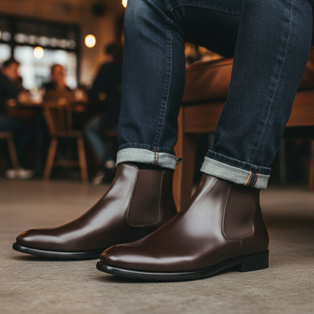 model-sitting-bench - Men's Black Leather Chelsea Boots