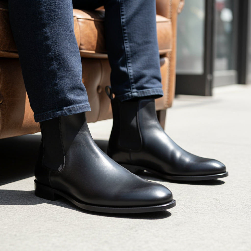 model-sitting-bench - Men's Black Leather Chelsea Boots