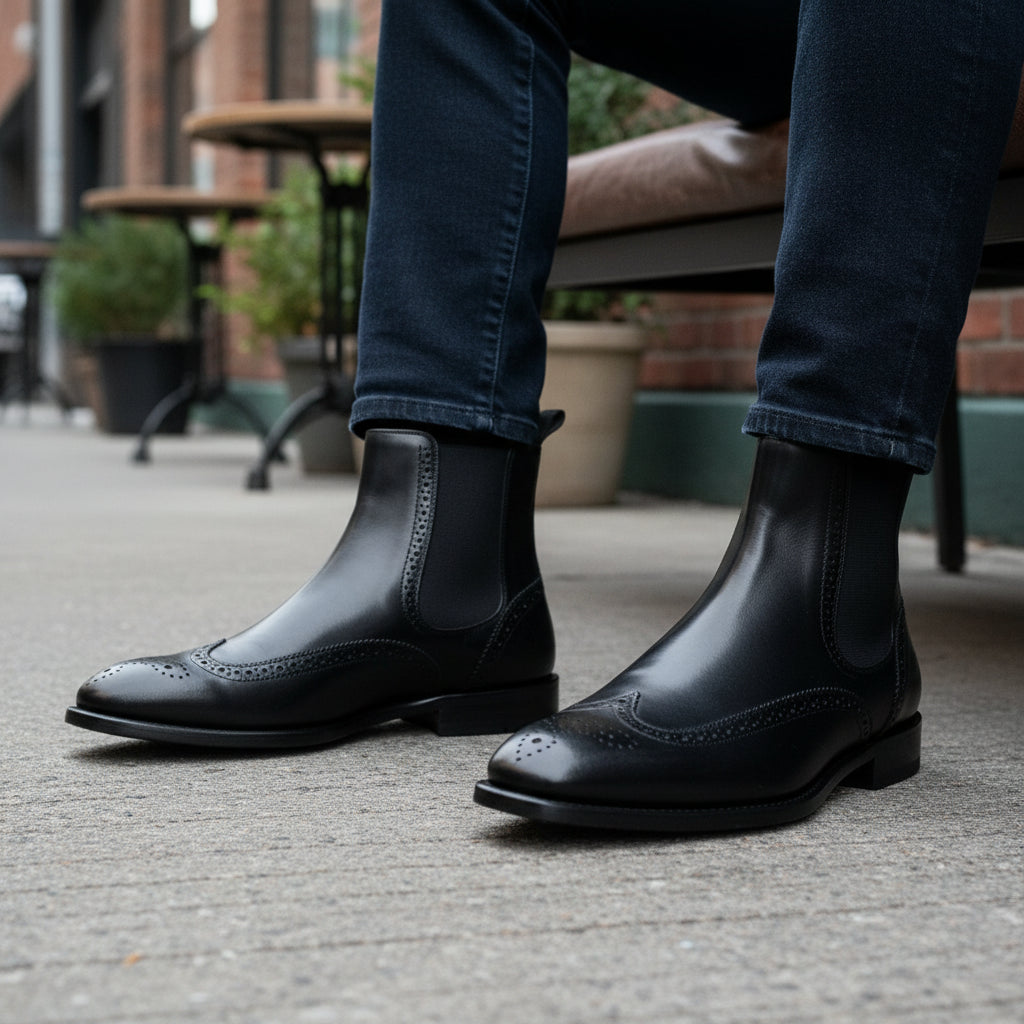 model-sitting-bench - Men's Black Leather Chelsea Boots