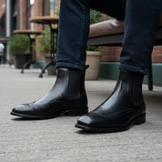 model-sitting-bench - Men's Black Leather Chelsea Boots