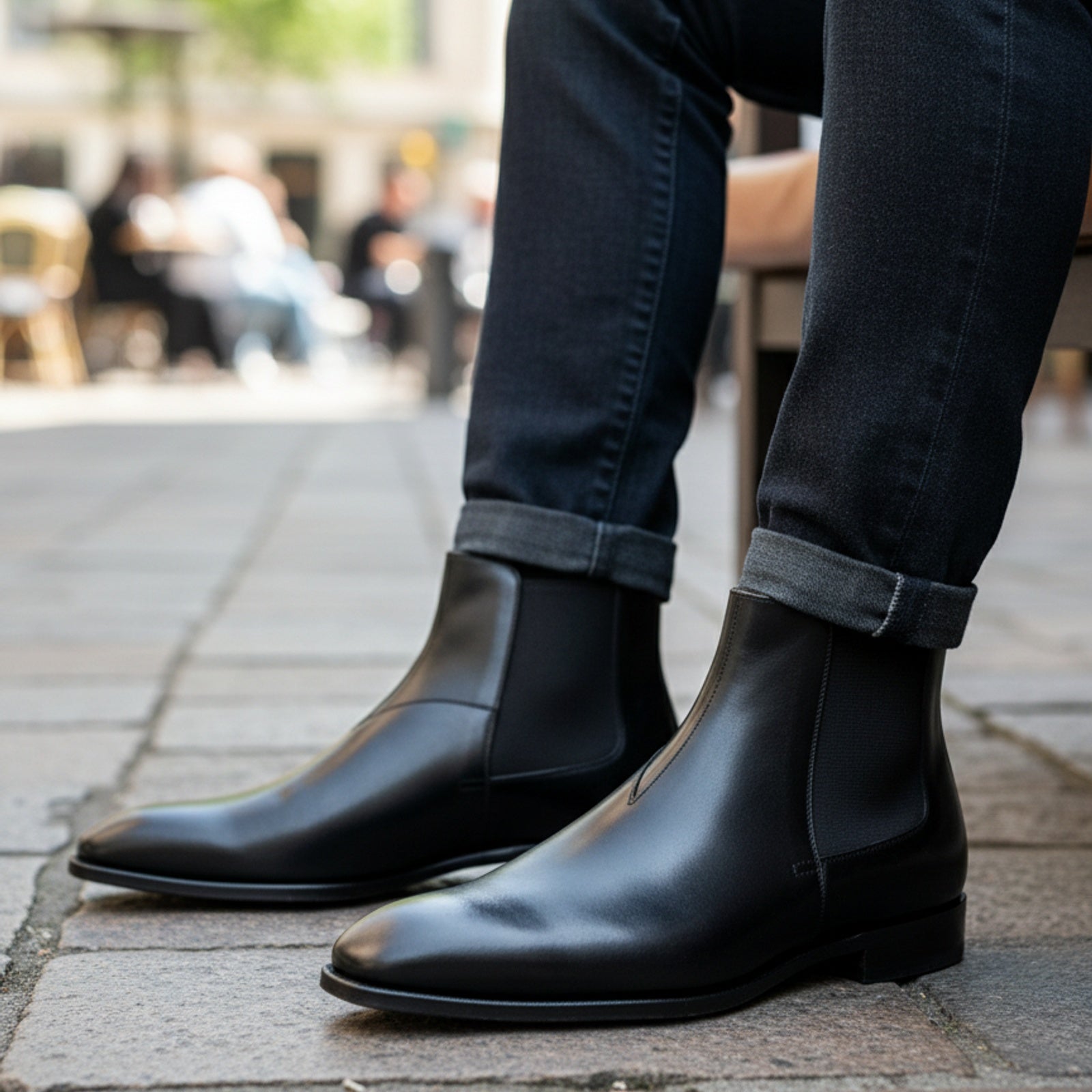 model-sitting-bench - Men's Black Leather Chelsea Boots