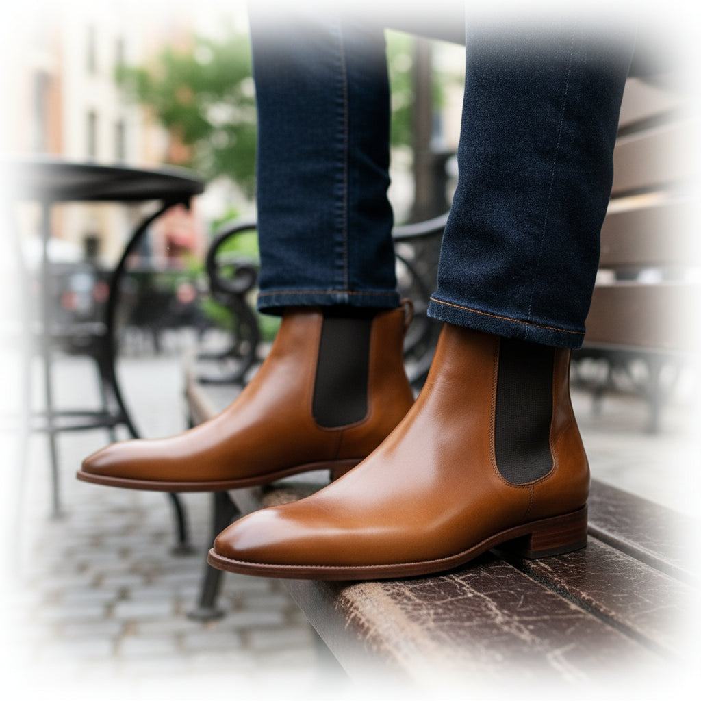model-sitting-bench - Men's Black Leather Chelsea Boots