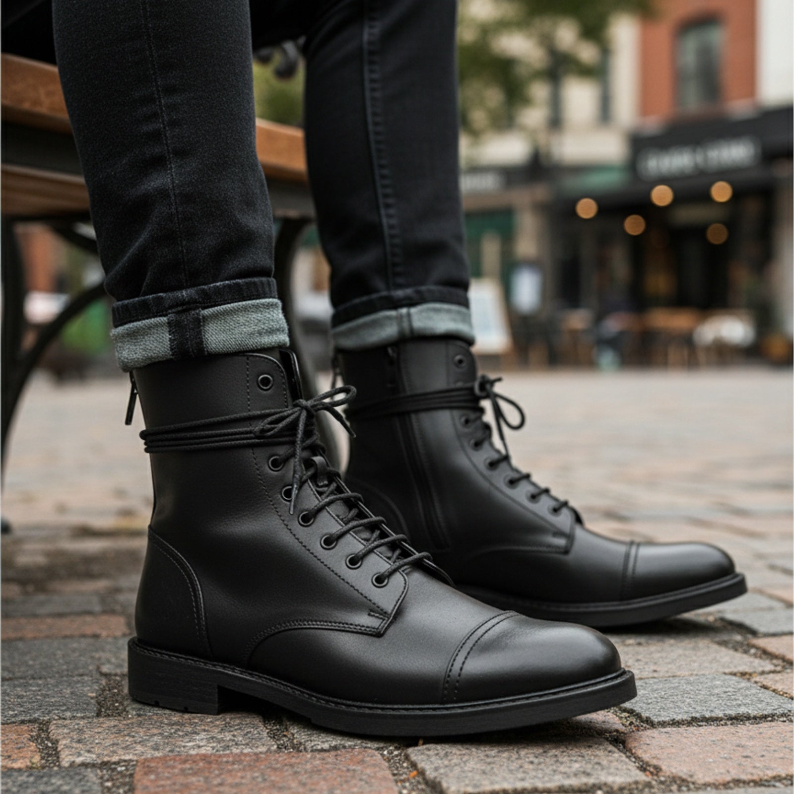 model-sitting-bench - Men's Black Leather Combat Boots with Lace-Up Design