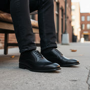 model-sitting-bench - Men's Black Leather Derby Dress Shoes