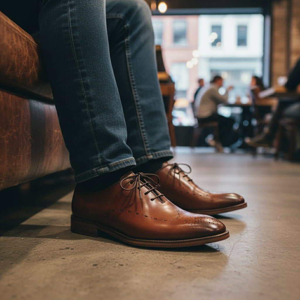 model-sitting-bench - Men's Black Leather Derby Dress Shoes