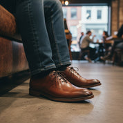 model-sitting-bench - Men's Black Leather Derby Dress Shoes