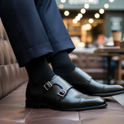 model-sitting-bench - Men's Black Leather Double Buckle Dress Shoes