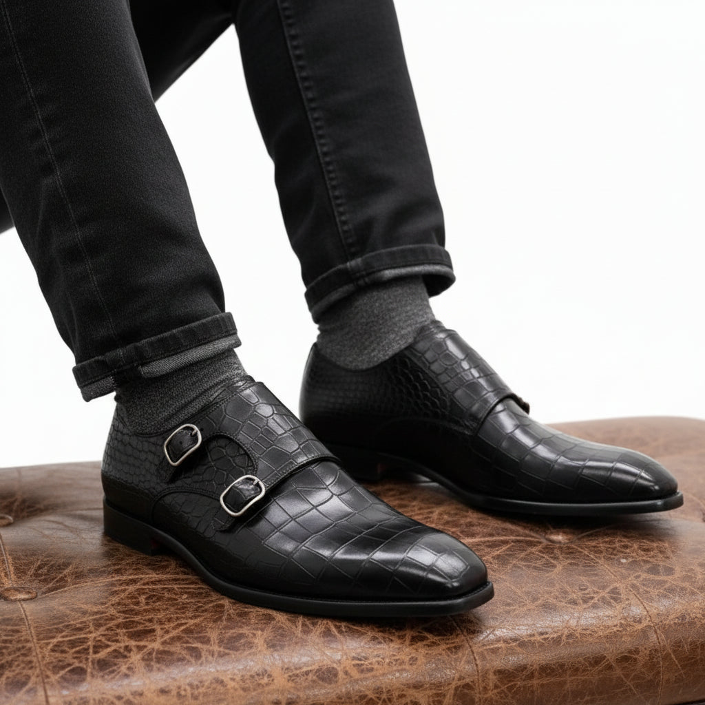 model-sitting-bench - Men's Black Leather Double-Buckle Monk Shoes with Crocodile Pattern