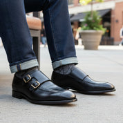 model-sitting-bench - Men's Black Leather Double Monk Moccasin Shoes