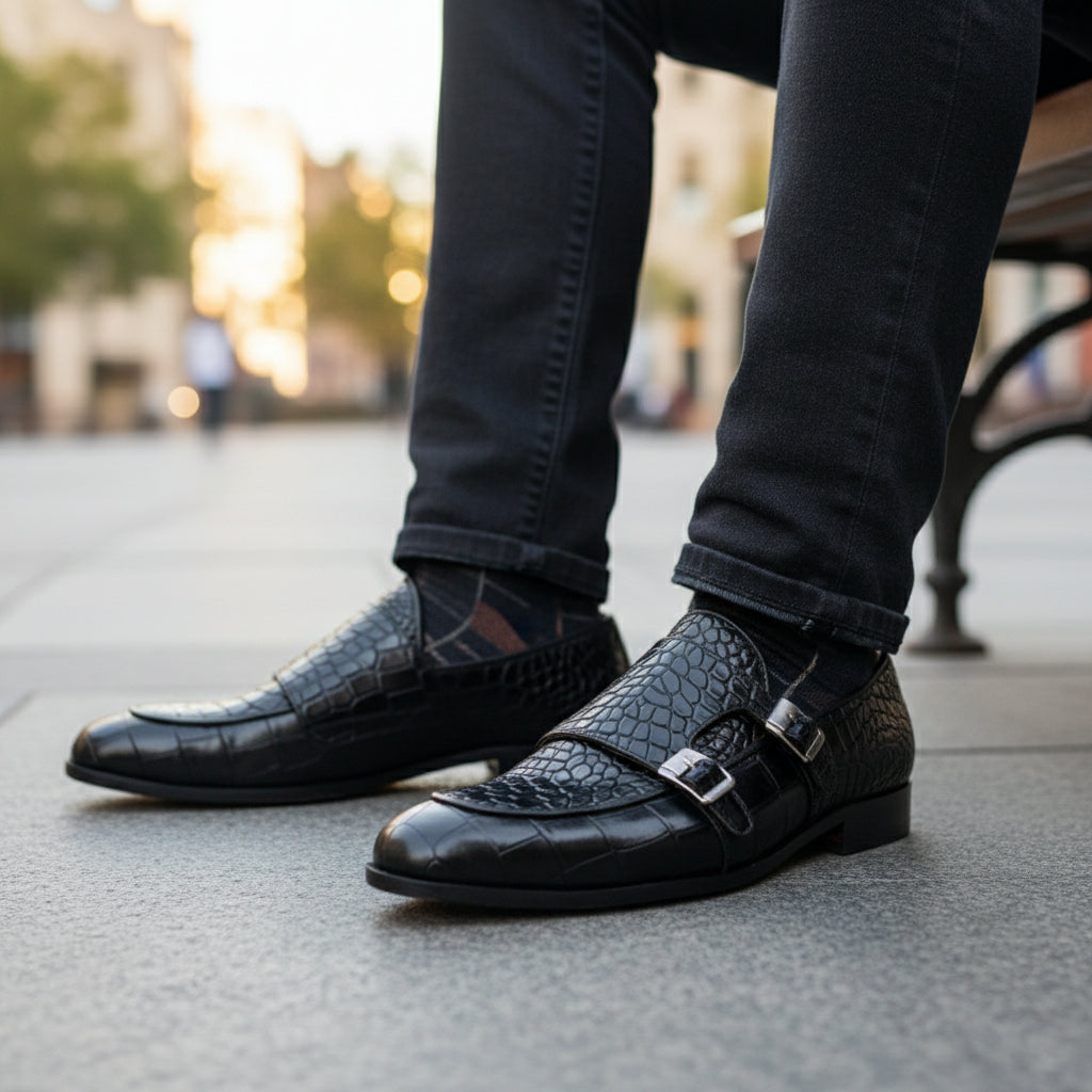 model-sitting-bench - Men's Black Leather Double Monk Moccasin Shoes