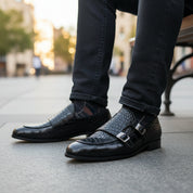 model-sitting-bench - Men's Black Leather Double Monk Moccasin Shoes