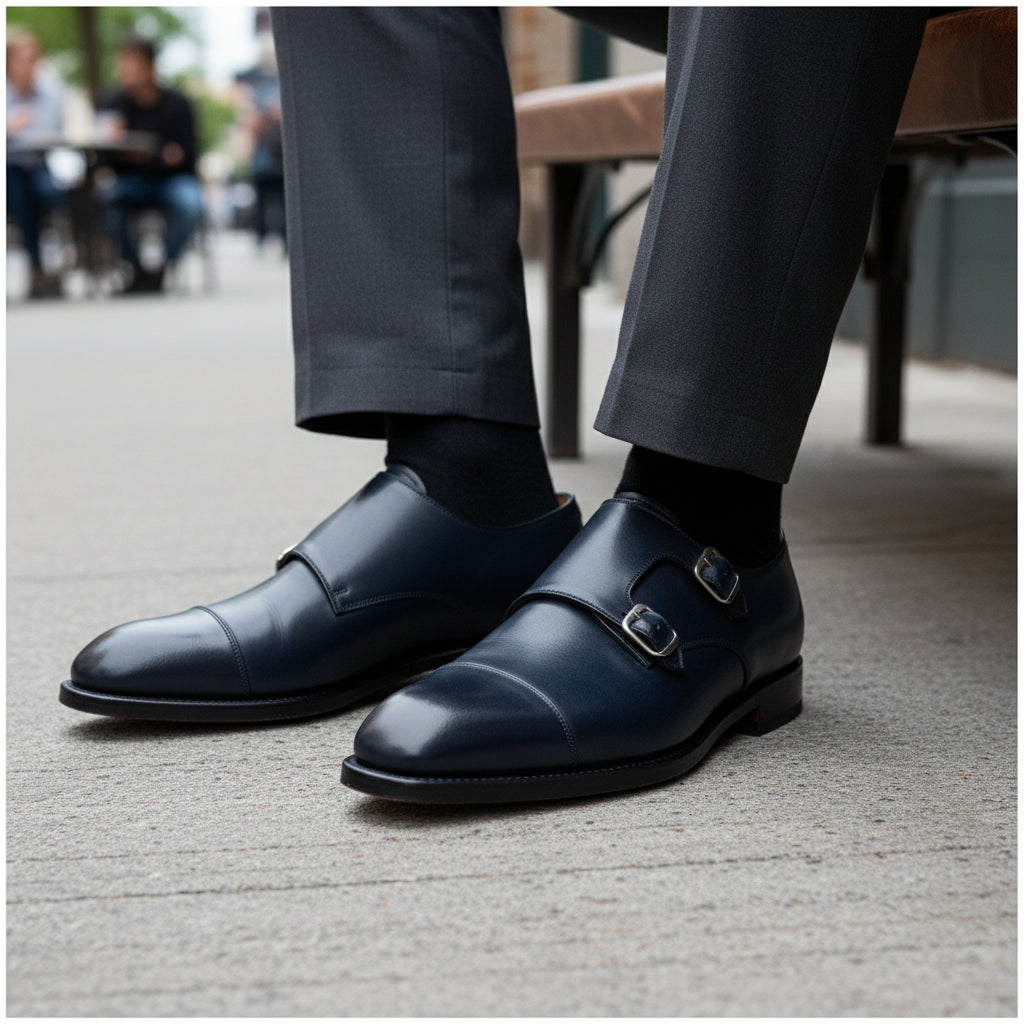 model-sitting-bench - Men's Black Leather Double Monk Shoes