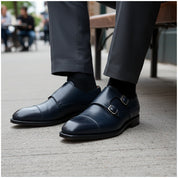 model-sitting-bench - Men's Black Leather Double Monk Shoes