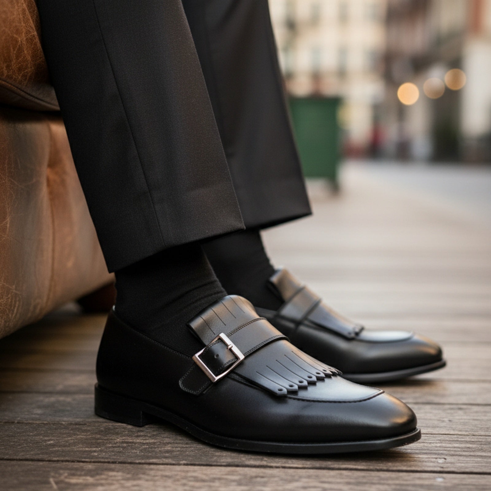 model-sitting-bench - Men's Black Leather Fringe Buckle Loafers