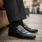 model-sitting-bench - Men's Black Leather Fringe Buckle Loafers
