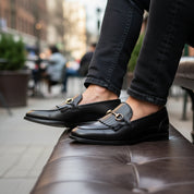model-sitting-bench - Men's Black Leather Fringe Loafer Moccasins