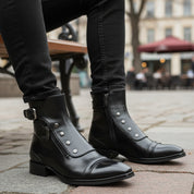model-sitting-bench - Men's Black Leather High Ankle Boots with Side Button & Zipper
